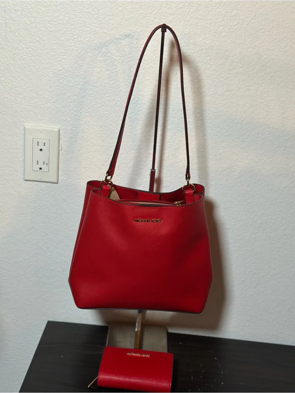 Michael Kors Red Leather Shoulder Bag Bucket Tote Set & Matching Wallet